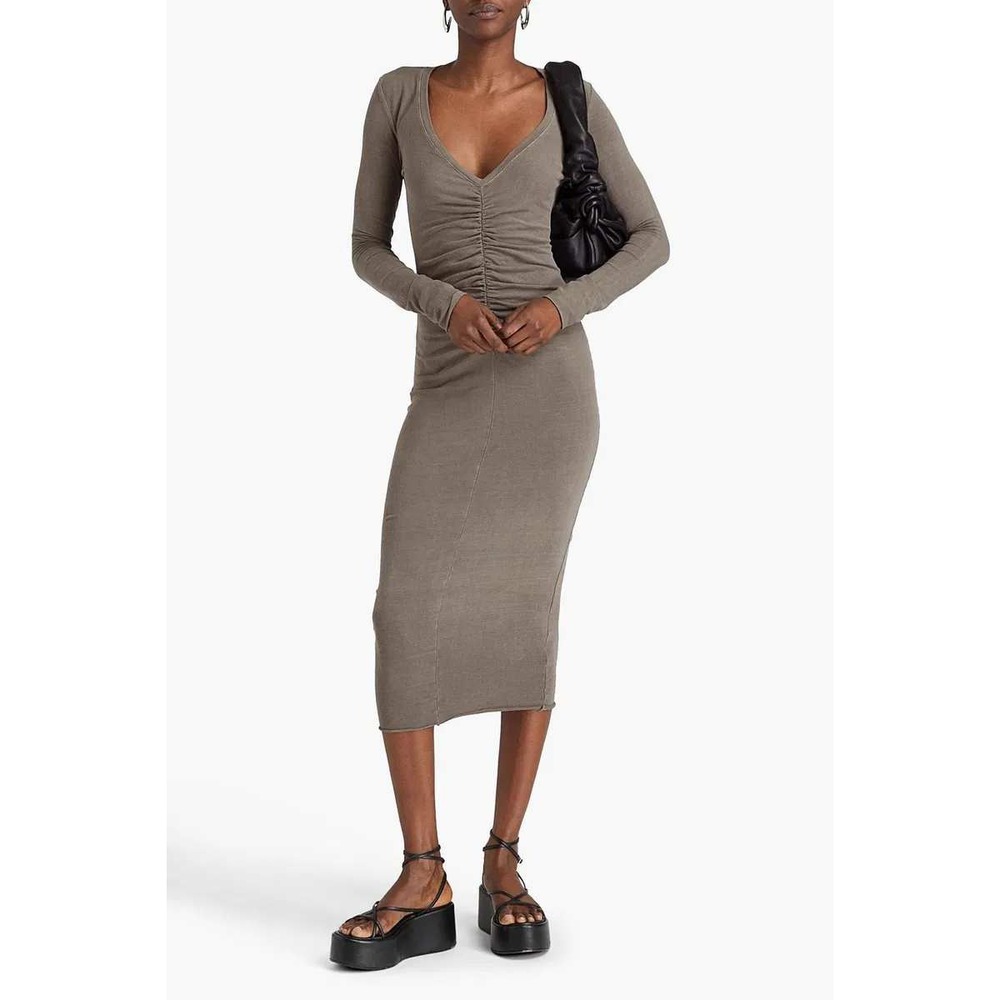 James Perse Womens Ruched V-Neck Long Sleeve Midi Dress Taupe Size 1 Small